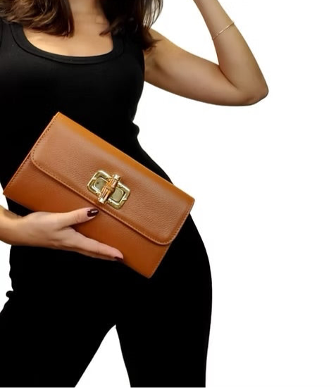 Leather Bamboo Closure  Clutch (Cognac)