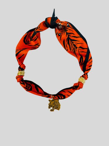 Clemson Tiger  Scarf Necklace (gold accent beads w/tiger)