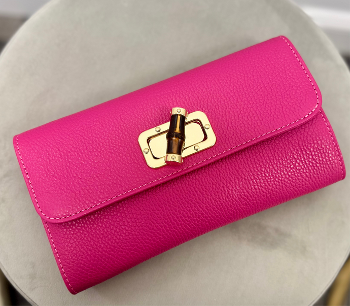 Leather Bamboo Closure Clutch (Pink)
