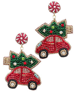 Red Car Christmas Tree Earrings