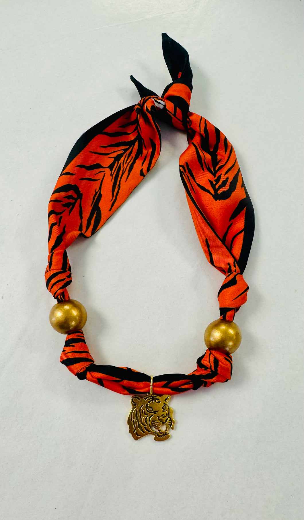 Small Gold Tiger with gold beads Scarf Necklace