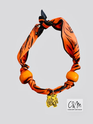 Tiger Scarf Necklace   (Gold Tiger w/orange Bead Accents)