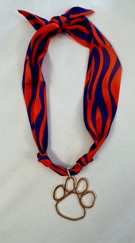 Gold Tiger Paw Scarf Necklace (Purple & Orange Tiger Stripe)