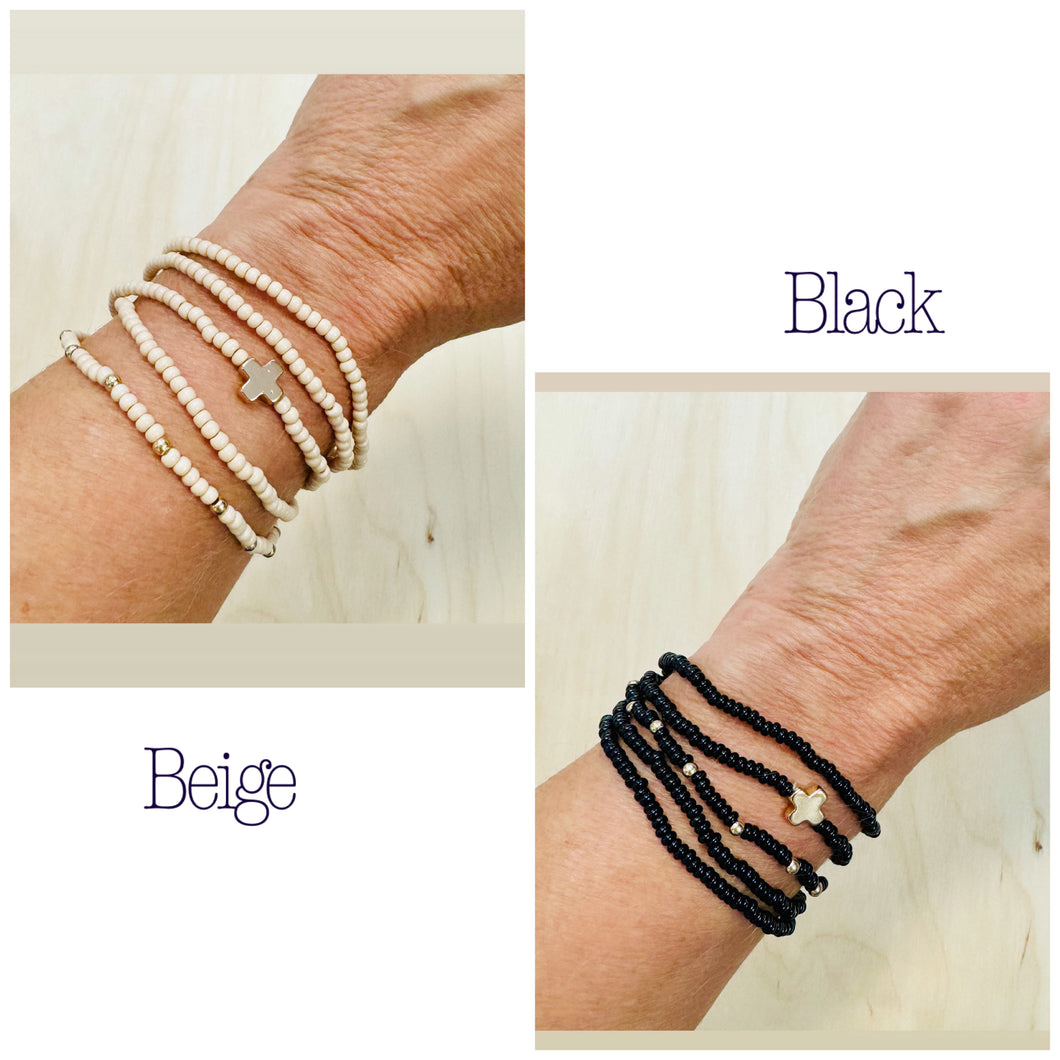 The Beaded Cross Bracelet (Black or Beige)